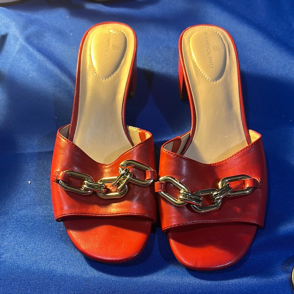 Bandolino Red and Gold Mules with Elegant Chain Detail